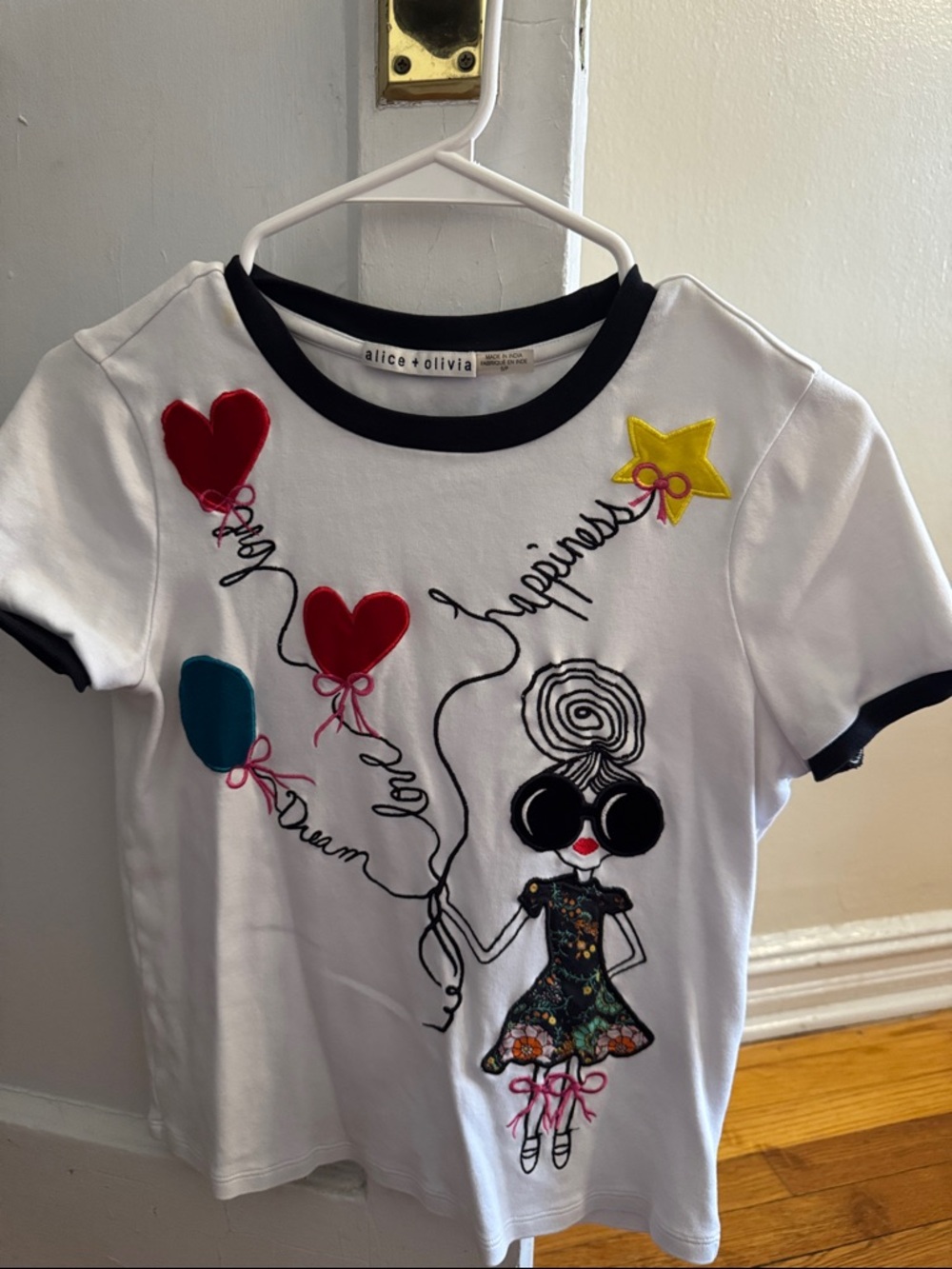 Alice + Olivia White Short-Sleeve Tee with Colorful Balloon and Girl Appliqués